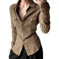 thumbnail image 2 of Camisa de Larga con Solapa para Mujer, y Sencilla, de Color Liso, con Cintura Ceñida Marrón M, 2 of 8