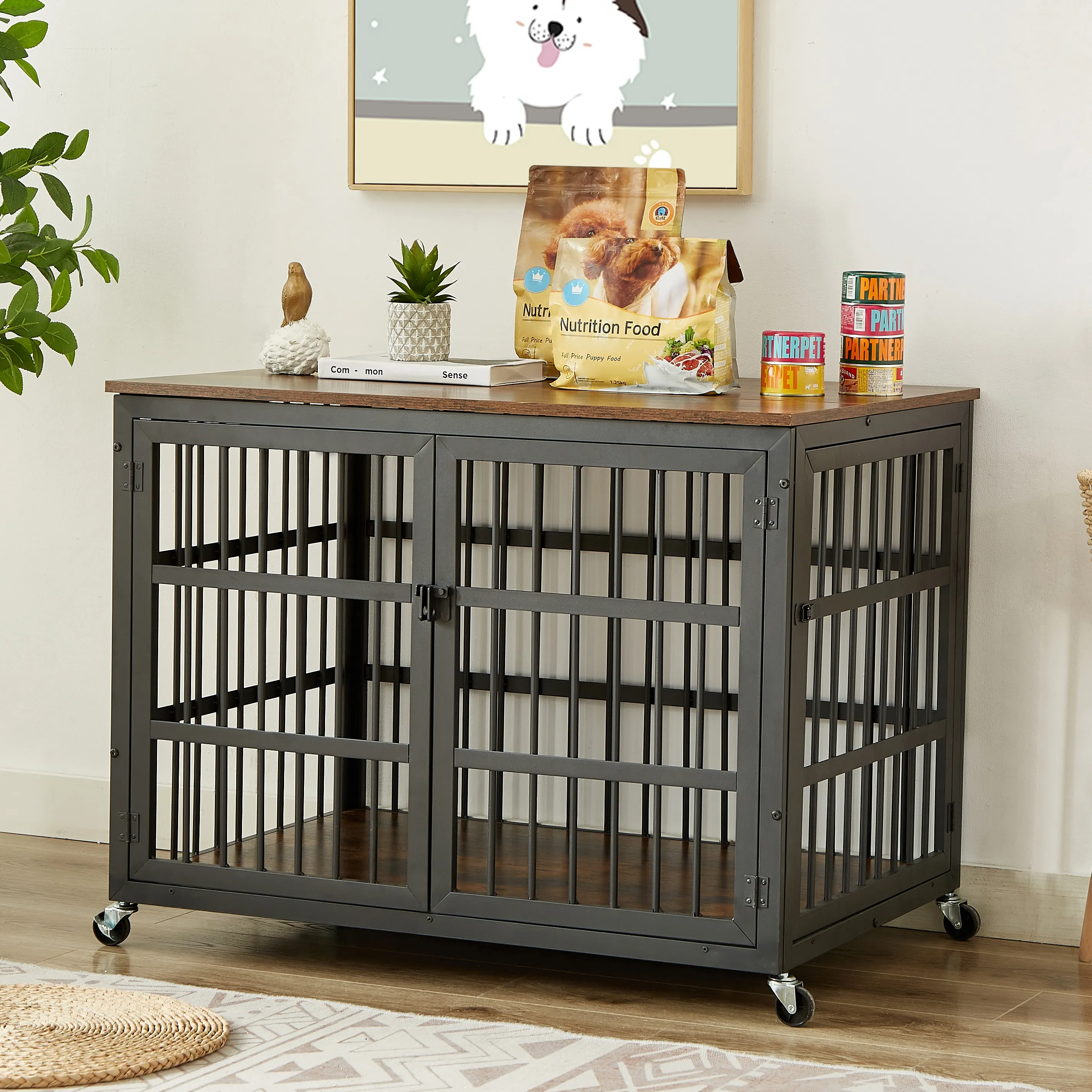 Pefilos 38" Heavy Duty Dog Crate, Furniture Style Dog Cage with Wheels, Dog House Wrought Iron Frame Door with Side Openings, Brown Pefilos 38" Heavy Duty Dog Crate, Furniture Style Dog Cage with Wheels, Dog House Wrought Iron Frame Door with Side Openings, Brown