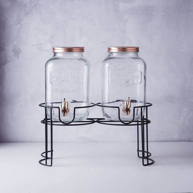 CUITING 2 Pack Distributeur de Boissons en Verre Transparent Double Gallon avec Couvercles en Métal Doré Bocaux à Jus avec Robinet Inclus