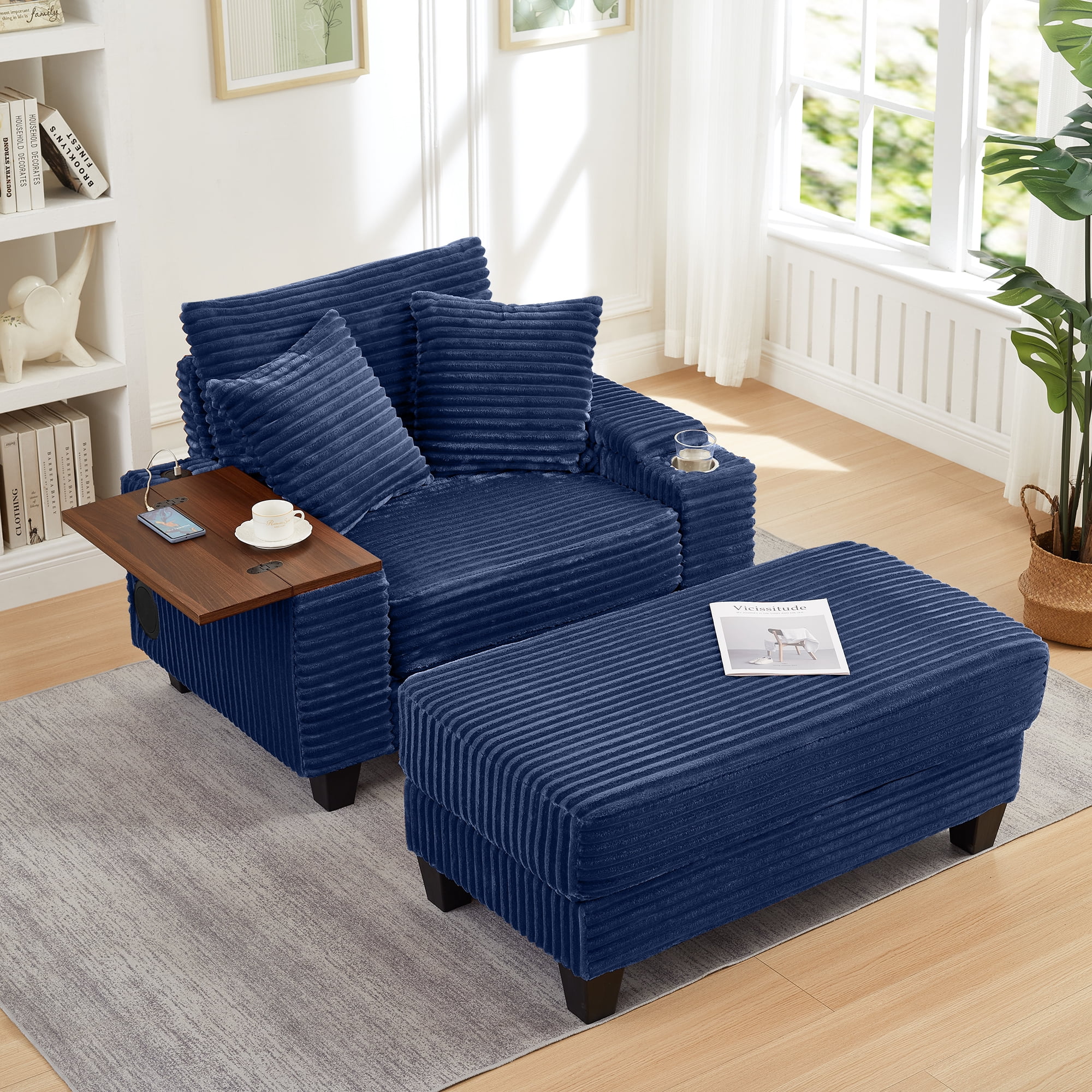 Aukfa Corduroy Chaise Lounge Chair with Ottoman, Hidden Rotating Table, Storage Armrest with Cup Holder, USB Port & Bluetooth Speaker, Blue