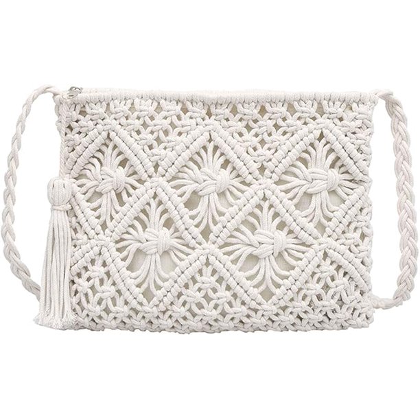 Bolso bandolera pequeño de algodón de crochet para mujer, estilo bohemio