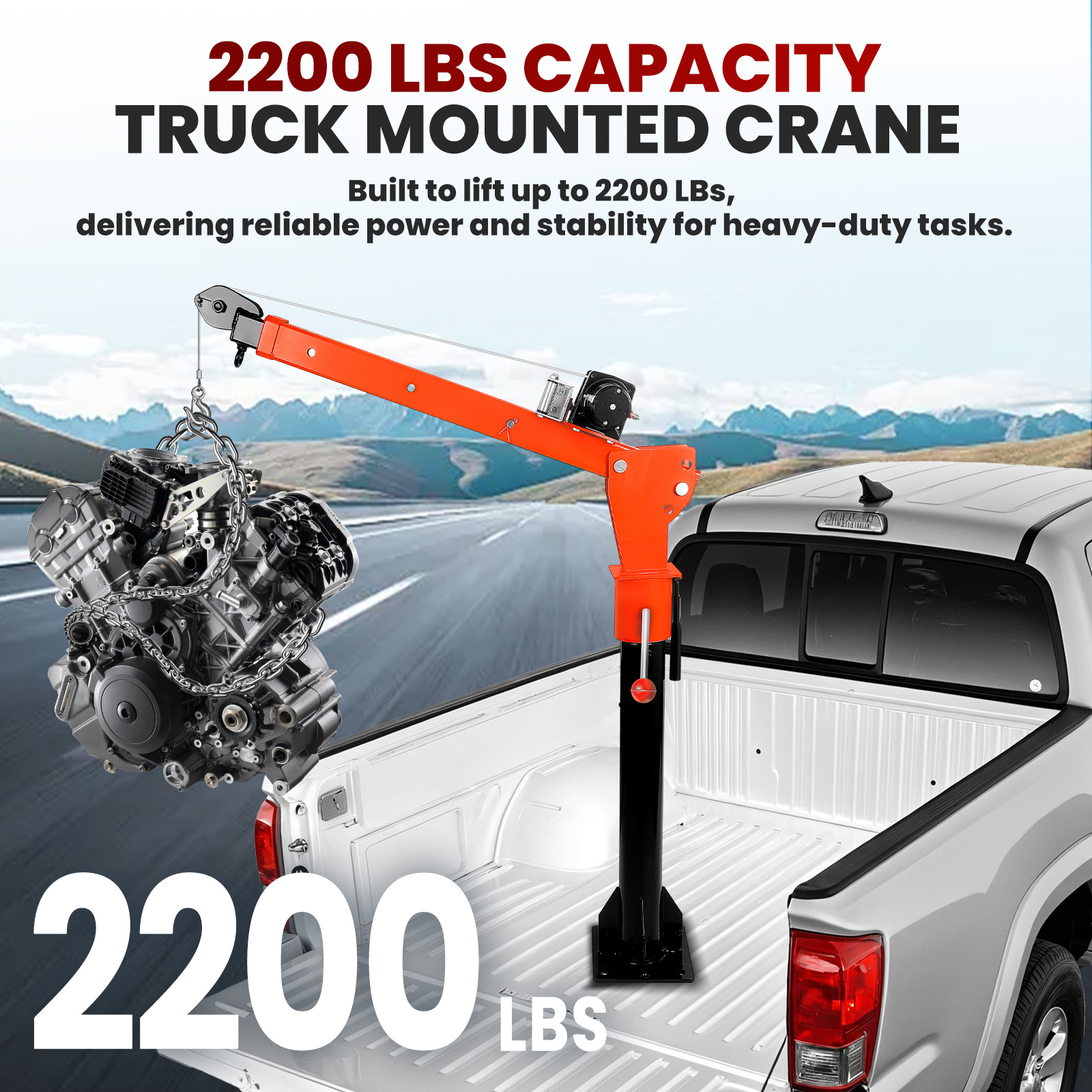 2200 lbs Electric Pickup Truck Crane with Electric Winch 5000 lbs 12V, Folding Truck-Mounted Bed Crane, Steel Pickup Truck Jib Crane Hoist 360° Swivel for Lifting Goods in Construction, Factory
