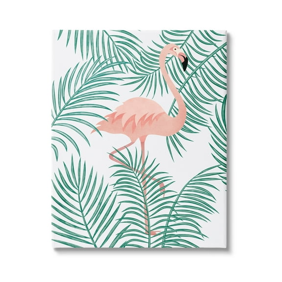 Stupell Flamingo Perched Tropical Palm Leaves Landscape Painting Gallery Wrapped Canvas Print Wall Art