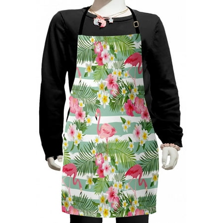 

Flamingo Kids Apron Flamingos with Exotic Hawaiian Leaves Flowers on Striped Vintage Background Boys Girls Apron Bib with Adjustable Ties for Cooking Baking Painting Green Pink White by Ambesonne