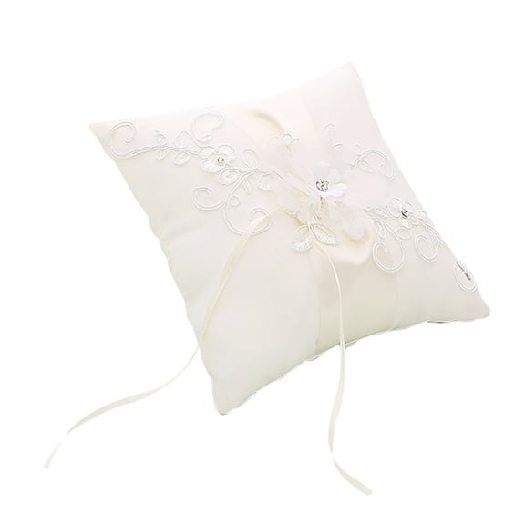 GOOHOCHY 20x20cm Wedding Ceremony Engagement Ring Pillow Bridal Bride Ring Bearer Flower White Ring Pillow with Ribbons