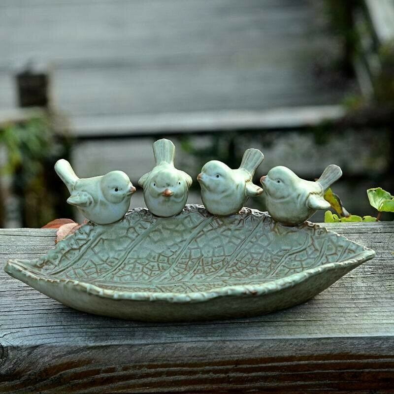 Ceramic Bird Bath Feeder Bowl Outdoor Garden Decor Ornament Leaf Patio White 