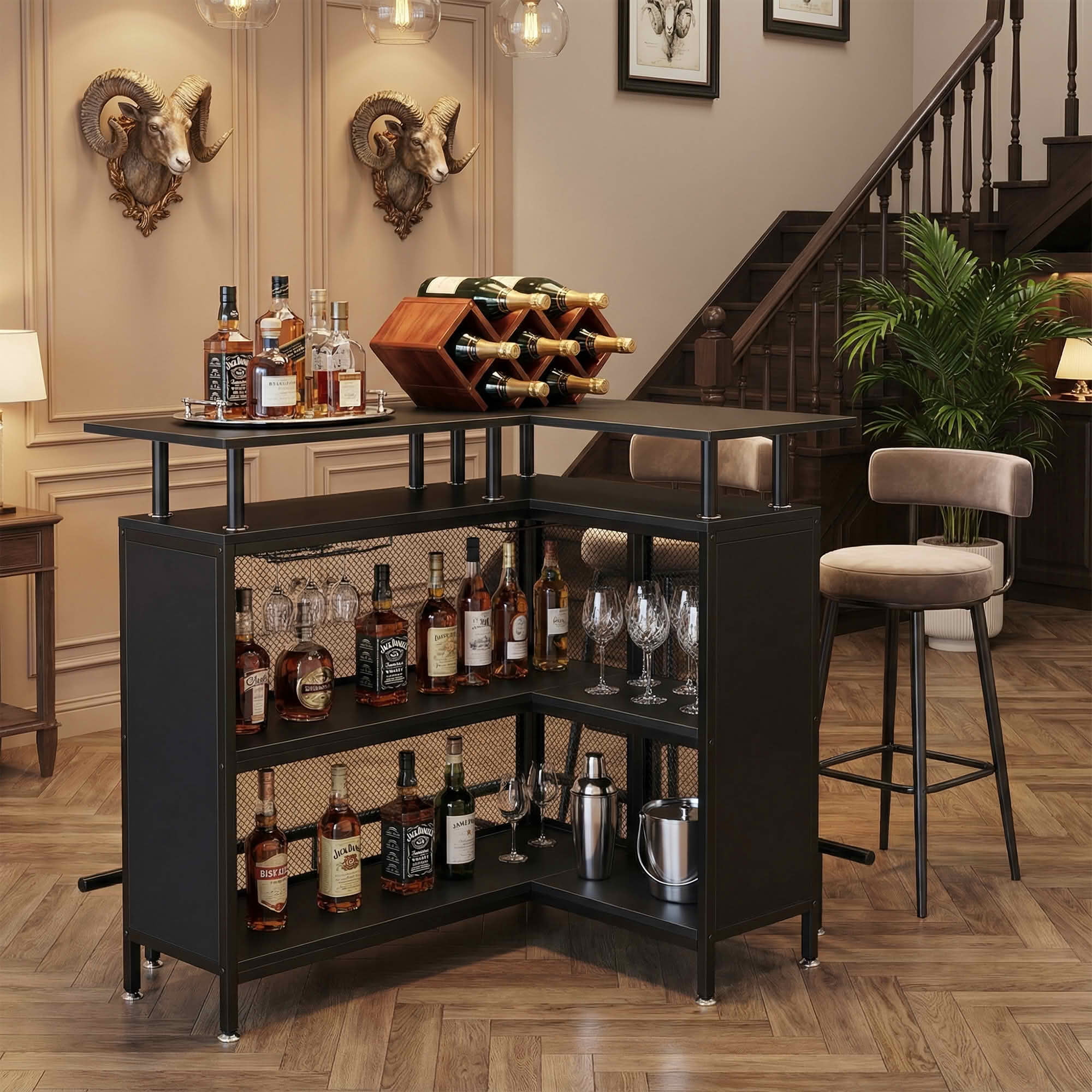 MAYEERTY L Shaped Home Bar Unit, Corner Liquor Bar Table with Glasses Holders and Storage Shelves for Home Entertaining