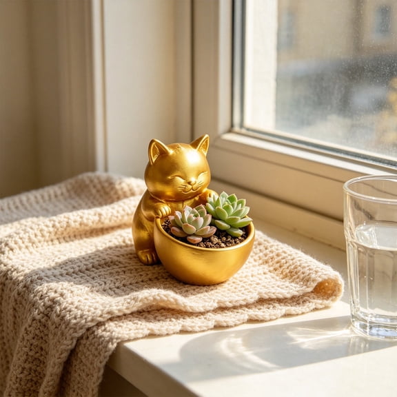 Japceit Cute Cat Hugging Bowl Planter With Drainage Hole,Compact Cute Cat Flower Pot,Desktop Decorative Planters,For Living Room Bedroom Office