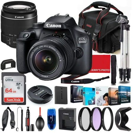 Image of Canon EOS 3000D (Rebel T100) DSLR Camera Bundle New with 18-55mm Lens 64GB Memory Filters Software Shoulder Bag - New