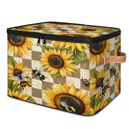 CURLYOOT Sunflower Fabric Storage Bins with Lids Bee Flower Foldable Storage Boxes Washable Storage Cube Closet Bedroom Home Organizer Containers with PU Leather Handles