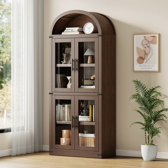 Arched 6-Shelf Bookcase with Glass Doors, Modern Wooden Display Cabinet with Storage Shelves for Books