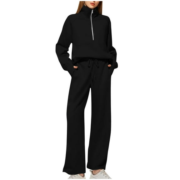 qolati Lounge Sets for Women 2 Piece Outfits Quarter Zip Long Sleeve Pullover Sweatshirts Wide Leg Pants Fall Travel Sweatsuit Set Tracksuit