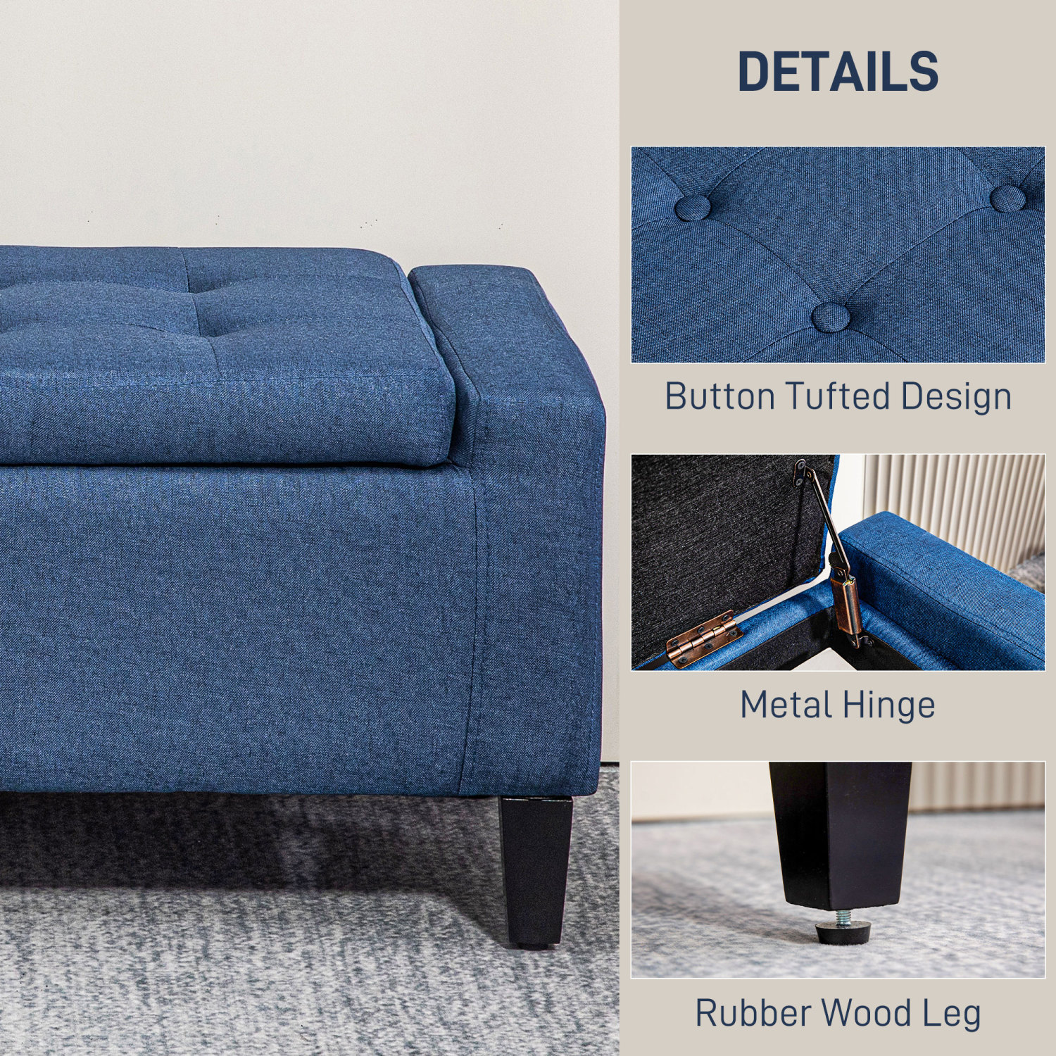 Versatile Storage Ottoman, Linen Fabric Footrest for Living Room, Blue