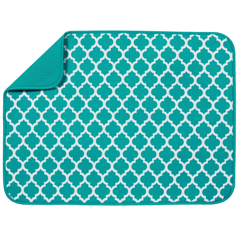 S&T XL Reversible Microfiber Dish Drying Mat Teal Trellis 18" x 24