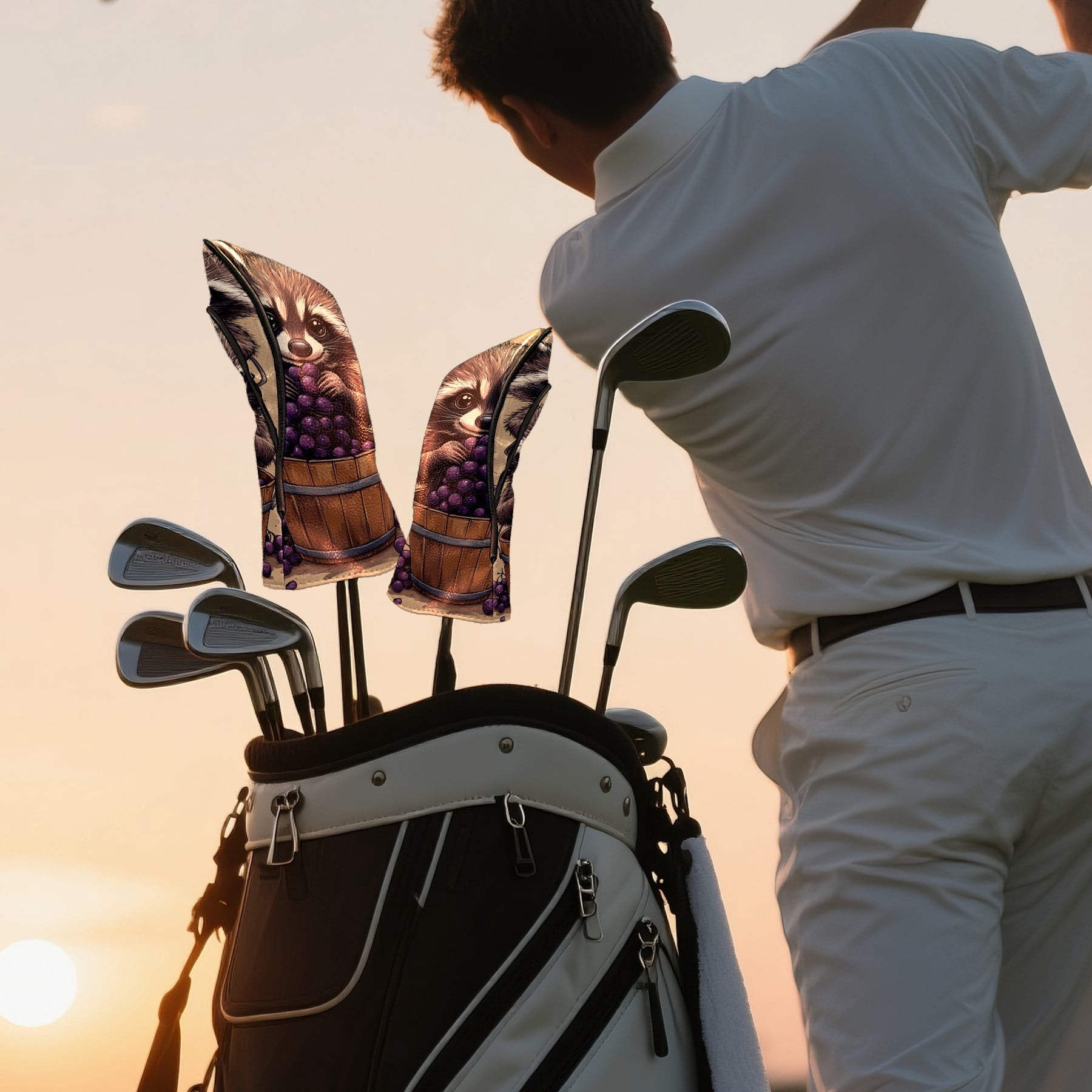 Golf Club Covers PU Leather Waterproof Head Covers for Fairway Woods Hybrids Brown Raccoon Grapes
