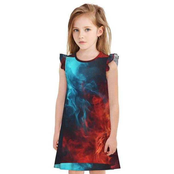 Fotbe Red And Blue Fire Vestido de Dormir para Niñas de 3 a 10 Años, Mangas Cortas, Estilo Princesa, Pijama Camisón con Mangas Voladas-XX-Large