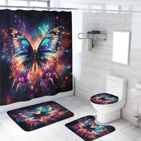 Fantasy Butterfly 4 Pcs Shower Curtain Set Galaxy Colorful Starry Sky with Non-Slip Rugs Toilet Lid Cover and Bath Mat Bathroom Decor Set, 72x72 Inch