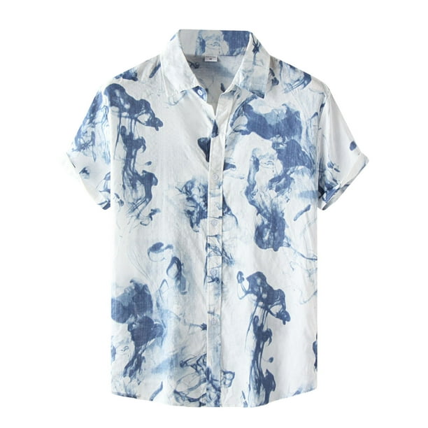 Camisas De Para Hombre Camisetas Casual Ink de Down Sleeve Beach Short Men's Casual Ink imprimieron camisas Button Men (Blue, M)