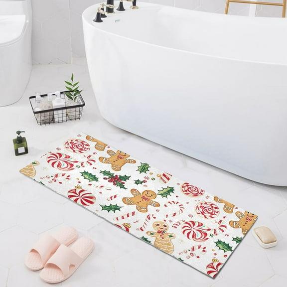 Gingerbread Men Holly Leaves Bath Mat 39x20 Non-Slip Bathroom Rugs Absorbent Soft Plush Quick Dry for Tub Shower Kitchen Home Decor