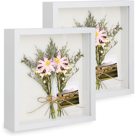 2pcs 6x6 Shadow Box Frame, 3D Picture Frame Display Cas with Real Transparent Glass for Photos, Memorabilia, Crafts, Souvenir, Wedding Memories, Baby Items - White/ 1.2 Inch Depth