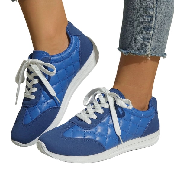 HEWUQI Women's Walking Running Shoes Lace up Quilting Tennis Casual Fashion Sneakers Comfortable Non Slip Work Sport Athletic Footwear Blue Size 7.5