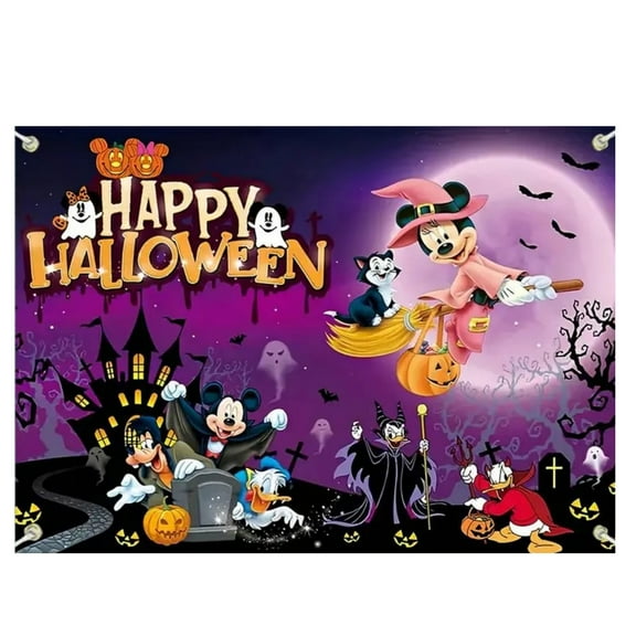 Minnie Broom Halloween Decoration Backdrop Banner 5.9x3.6ft Pumpkin Ghost Style Party Decoration Banner Backdrop Photo Booth Props for Home Indoor Outdoor Party Supplies