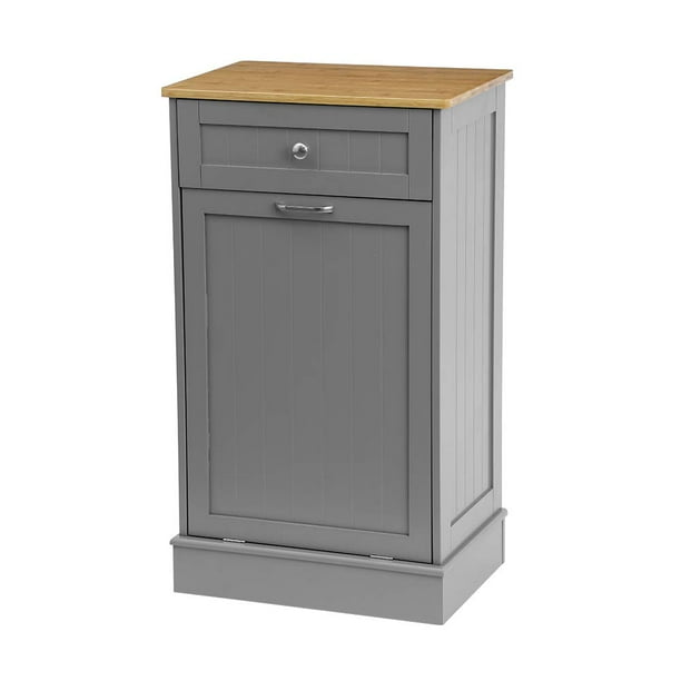U-Eway Wooden Tilt Out Trash Cabinet Free Standing Kitchen Trash Can Holder  or Recycling Cabinet with Hideaway Drawer, Removable Cutting Board (Grey)