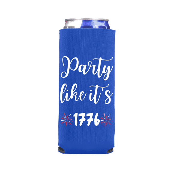 Funny Patriotic Slim Can Coolers, Party Like It's 1776 Spiked Seltzer Coolies, 4th of July, Memorial Day, Summer Skinny Coolies, USA Party Gift, Beer Hugger (Blue)