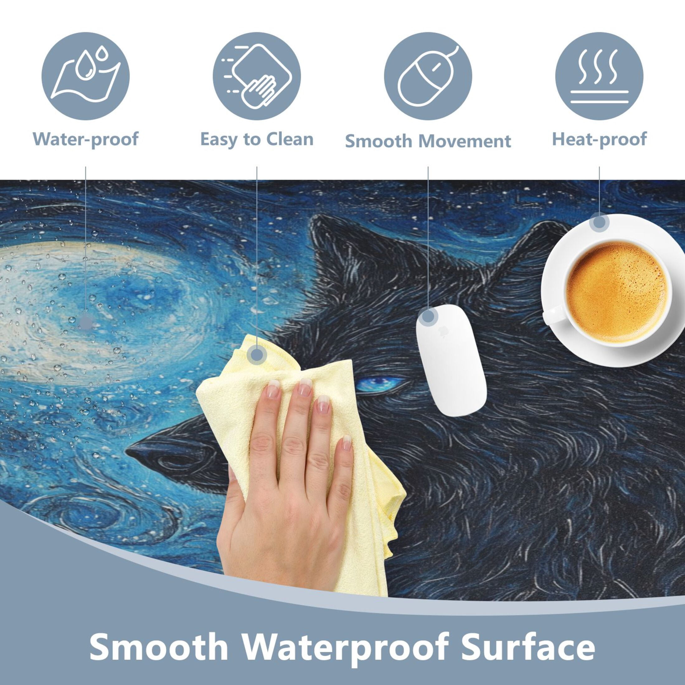 Wobogo Cool Black Wolf Gaming Mouse Pad Non-slip Leather Desk Mat Water Resist Keyboard Pad for Gamer Office 16.5×35.4in