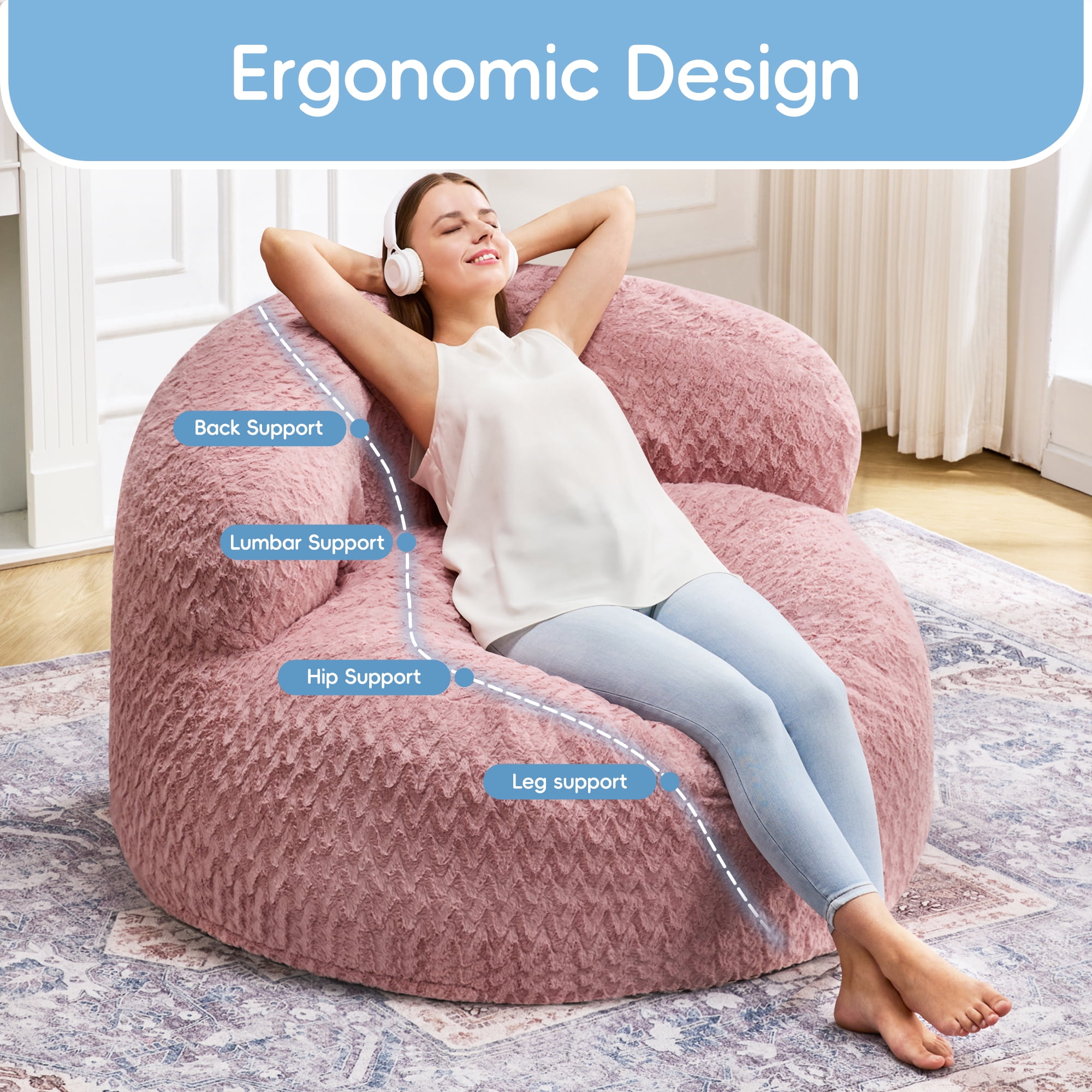 Hobestluk 3FT Bean Bag Chair for Adults with Memory Foam Filler Giant Beanbag with Faux Fur Cover for Bedroom (Chevron Pink,Large)