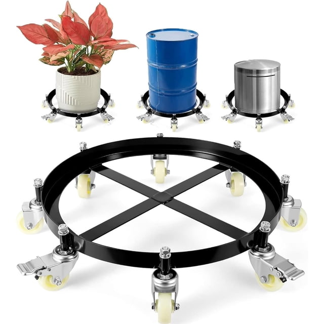 Ourlova Chariot Tambour à 8 Roues 55 Gallons Robuste Capacité de 2000 Livres Chariot Tambour Caddy avec Supports Croisés Roulettes Pivotantes Roue Conception Anti-Basculement Chariot Tambour avec Frein pour