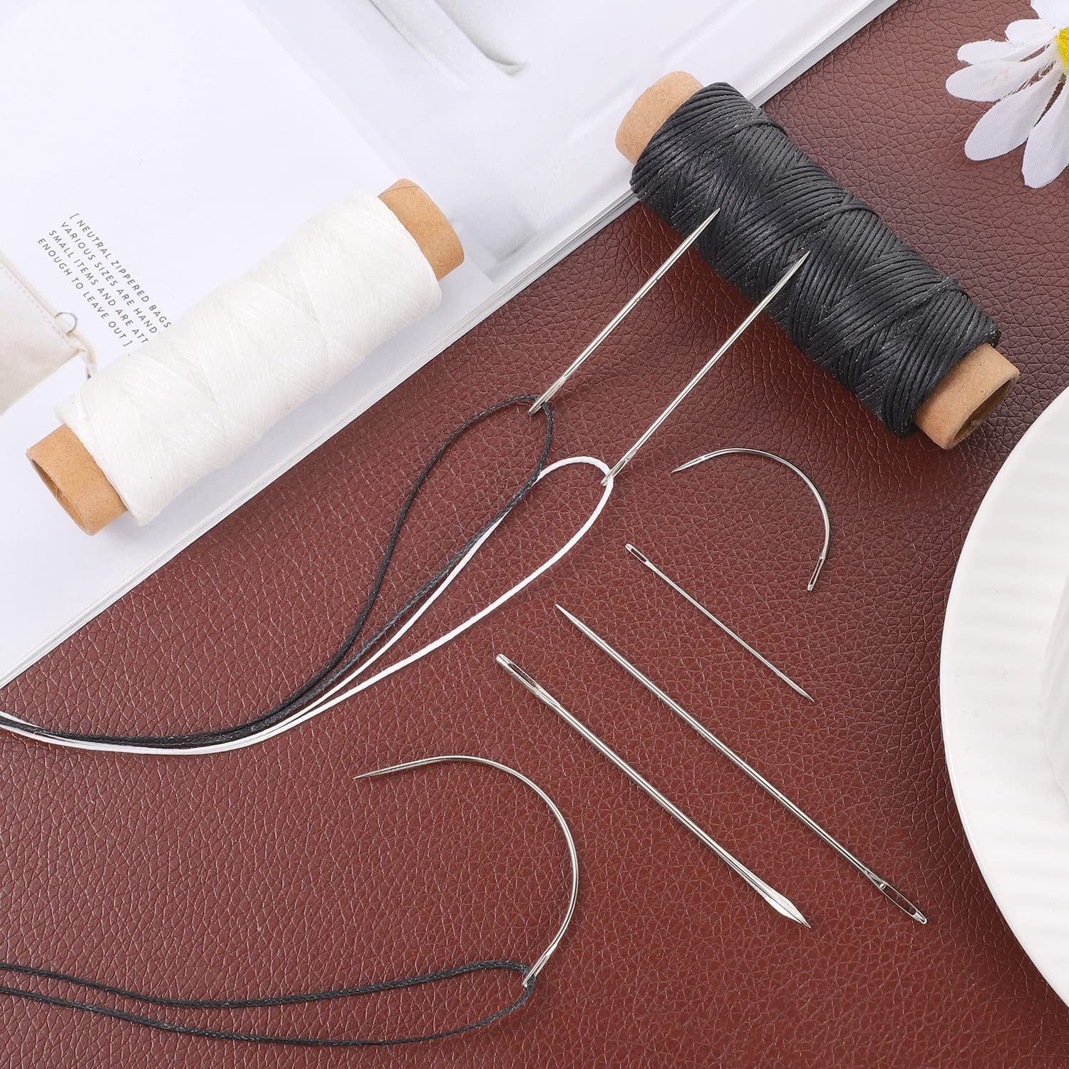 Leather Upholstery Sewing Waxed Thread: PLANTIONAL 218 Yard 150D Wax String  with 25 Large Eye Hand Sewing Needles, Heavy Duty Sewing Kit for Car Sofa