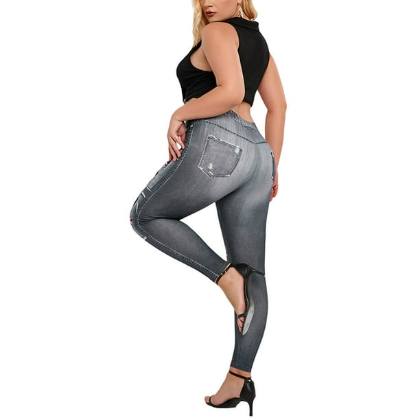MAWCLOS Ladies Fake Jeans High Waist Faux Denim Pant Floral Print Plus Size  Leggings Stretch Yoga Butt Lifting Trousers Gray 2XL 