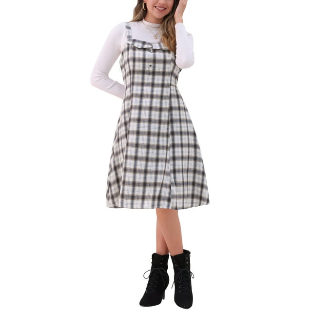 VESTIDO CON TIRANTES INSPIRADOR CHIC para Mujer, Cuello Cuadrado, Vestido Midi A-Line, M Beige
