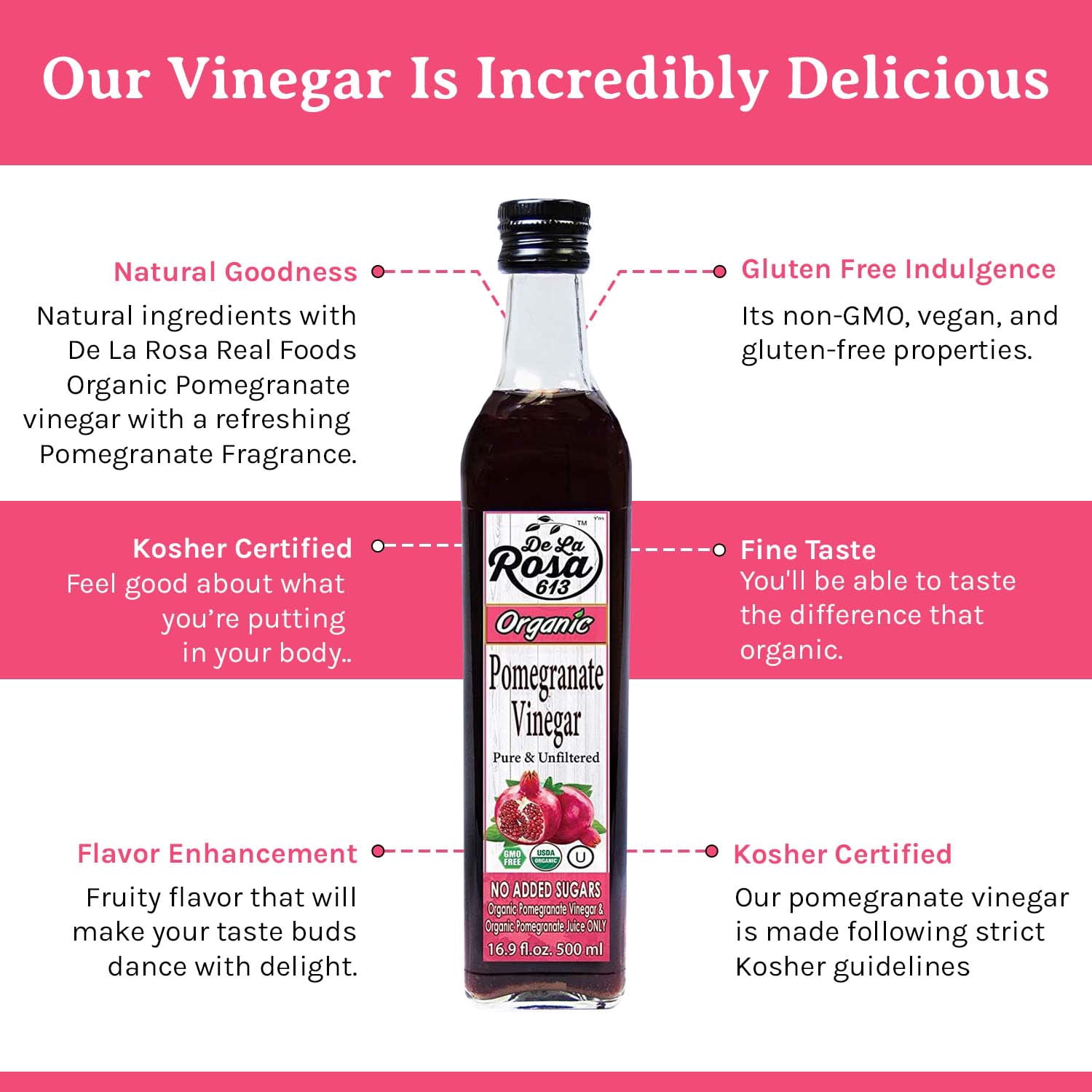 De La Rosa Organic Pomegranate Vinegar, Pure & Unfiltered, Vegan, 16.9 oz (pack of 2)