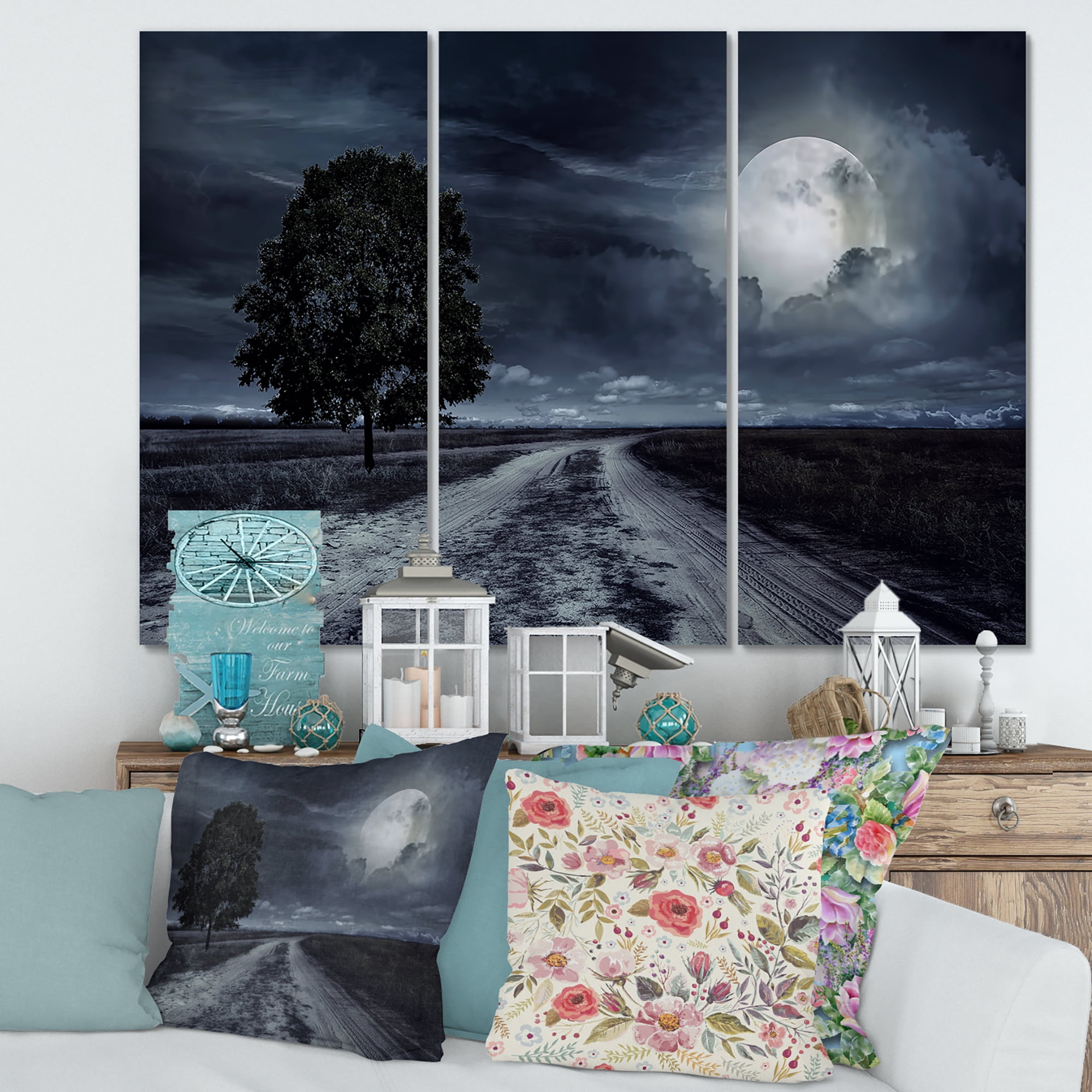 Designart ' A Full Moon Over Paved Road ' Nautical & Coastal Canvas Wall Art Print