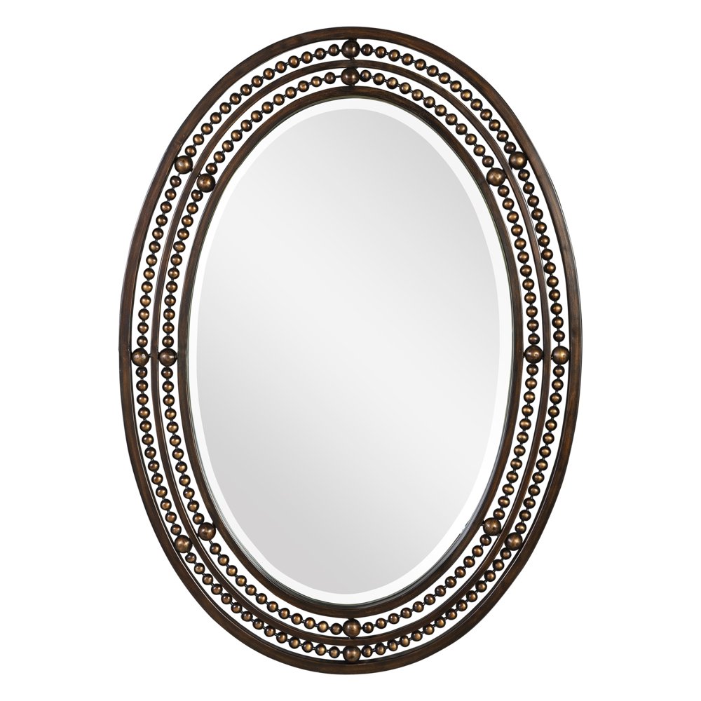 Oval Metal Framed Mirror with Dual Beading Details, Brown and Silver
