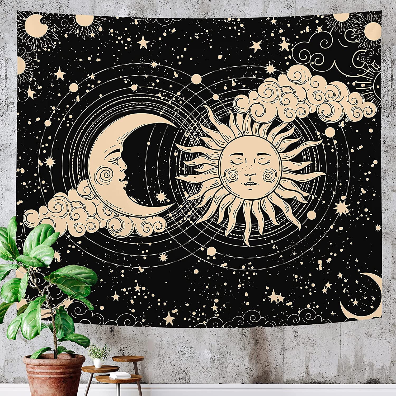 Mushroom Moon & Star Tapestry Wall Hanging - Beige Botanical Wall Art, 60x40 Inch, For Bedroom, Living Room, Dorm Decor