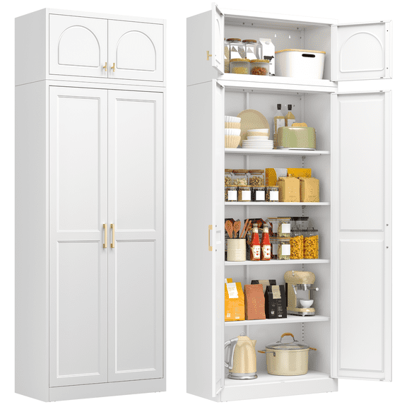 Polup 86" Height Modern White Metal Pantry Storage Cabinet with Doors and Adjustable Shelves for Living Room Kitchen and Home