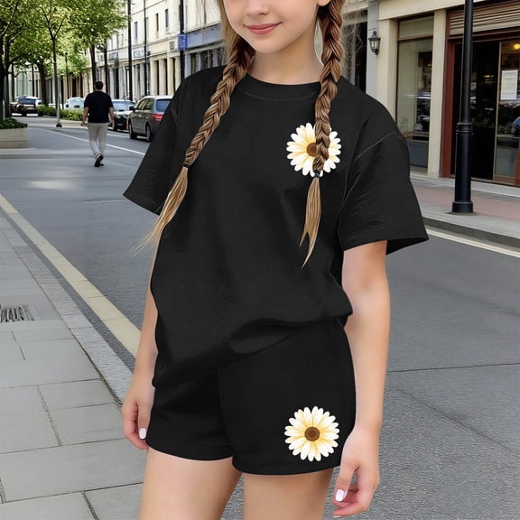 Girls' Stylish 3-15Y Summer 2 Piece Set, Print Short Sleeve Tee & Elastic Waist Shorts, Casual Wear Black 13-14 Years