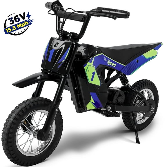 Wisairt 36V Kids Electric Dirt Bike, 15.5 mph High-Speed Electric Motorcycle Ride on Dirt Bike for Kids Aged 5-10, 133 lbs Max Load, 10-mile Range, Waterproof Seat, Twist Grip Throttle,Blue & Green