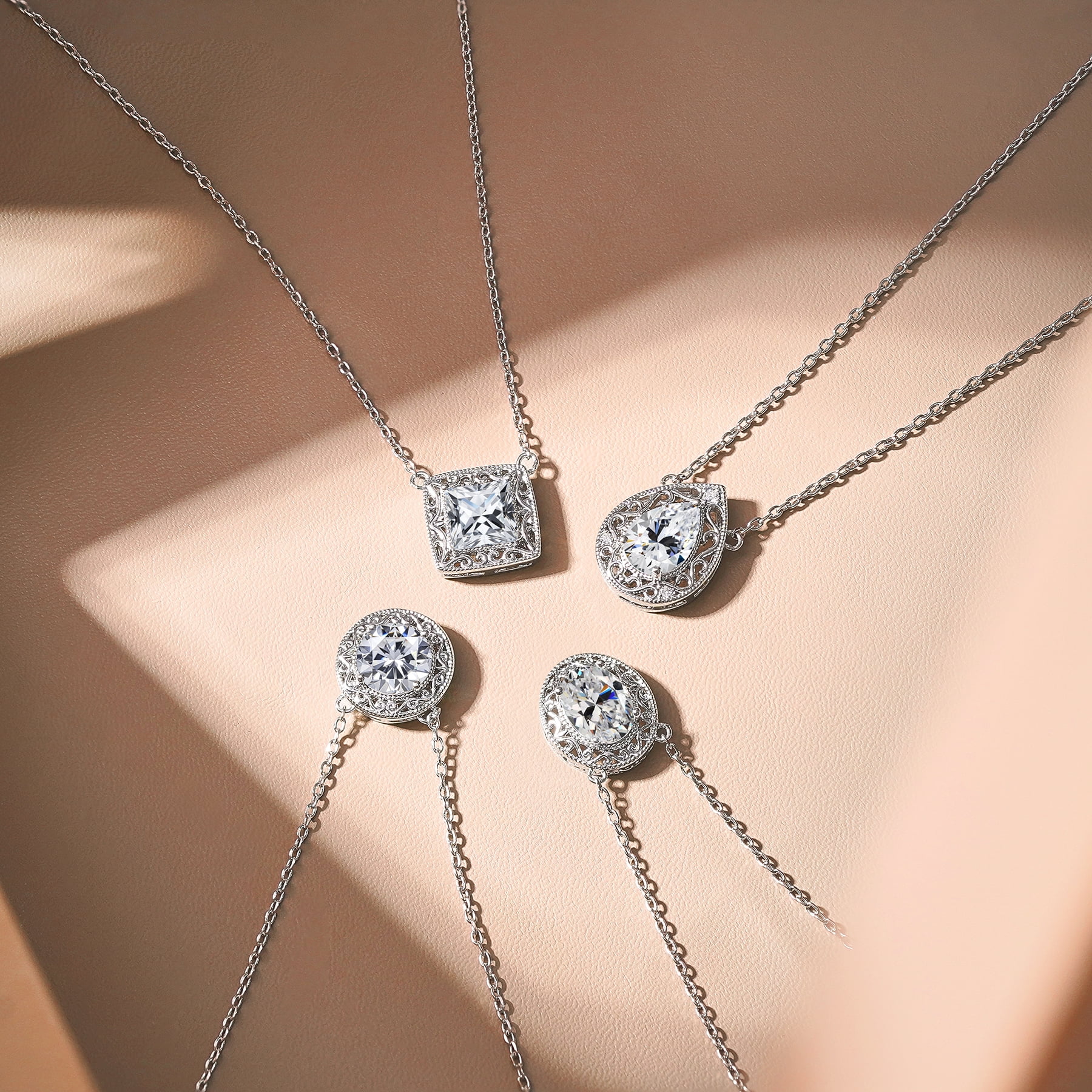 JeenMata 2 Carat Round Moissanite Pendant Necklaces - Vintage Inspired Pendant Necklace in 18K White Gold Plating Jewelry for Women