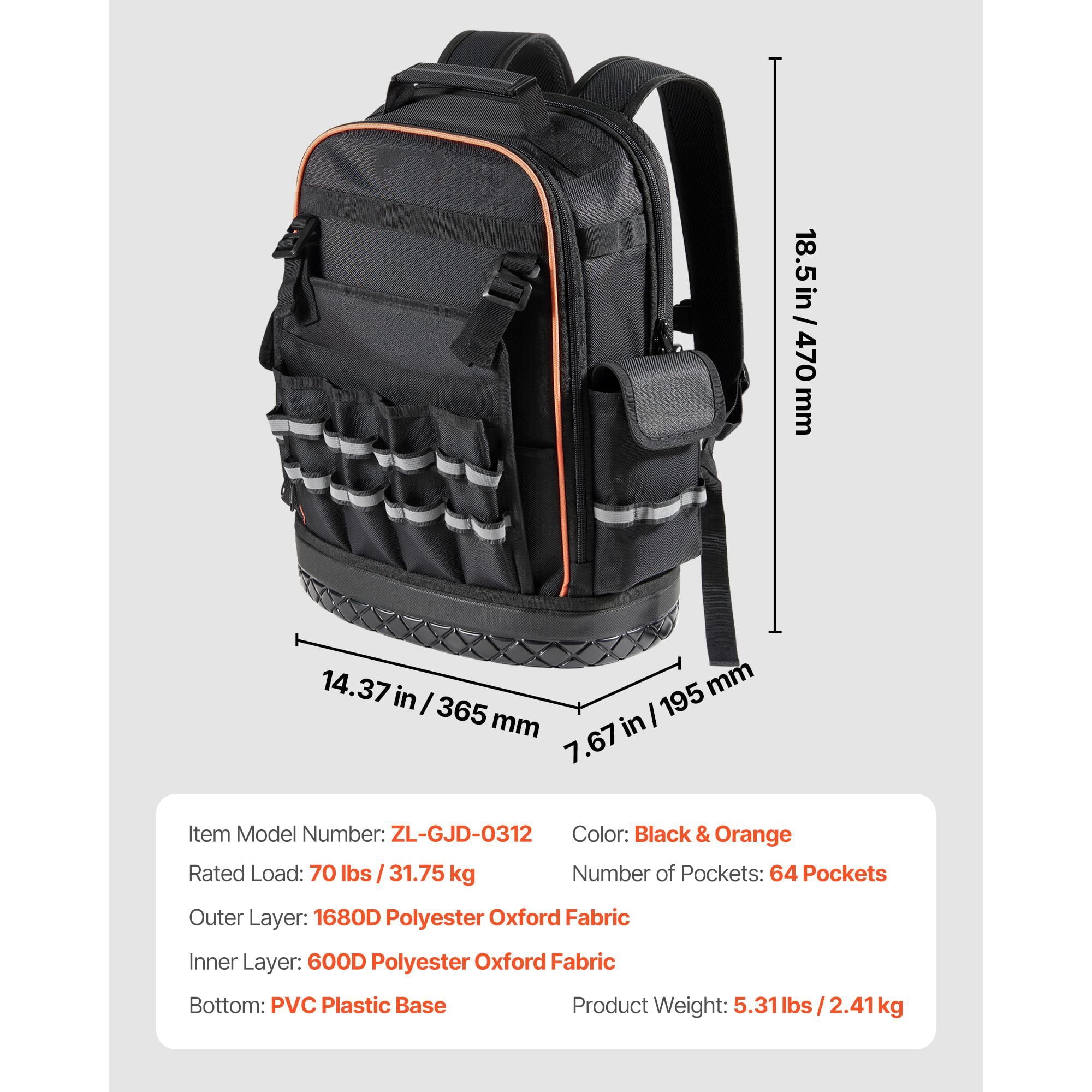 Tool Backpack 64 Pockets, 70 lbs Capacity, Heavy-Duty Oxford Fabric, Laptop Compartment, Molded Base, for Electrician Plumber HVAC