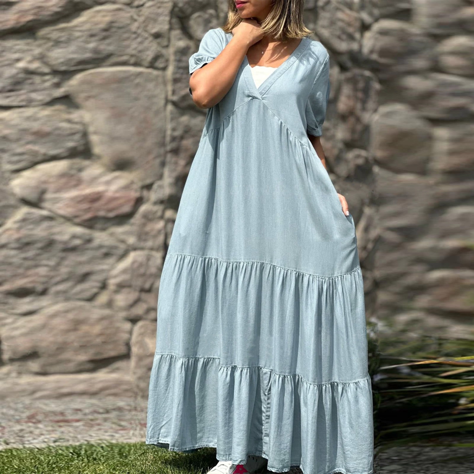 OSFVNOXV Denim Look Dress for Women Plus Size Summer Boho Loose Tiered Maxi Dress Casual V-Neck Flowy A-Line Tunic Shirt Dress,S-5XL