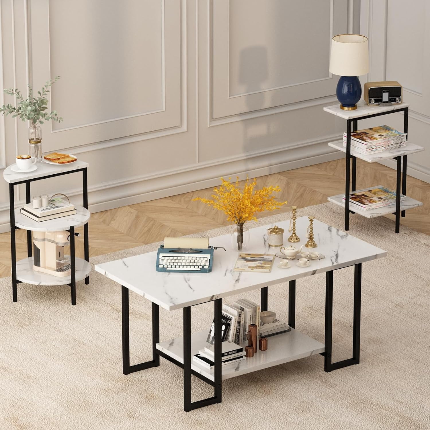 Baxluxe 3 Pieces Faux Marble Table Set, Modern Rectangle Coffee Table with 2 Side Table, Faux Marble Tabletop and Metal Frame, 3 Pieces Table Sets for Living Room, Apartment, White & Black