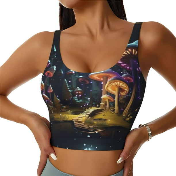 Fotbe Purple Glowing Mushroom Sujetador Deportivo Largo sin Aros para Mujer con Almohadillas y Soporte Medio, Transpirable y Absorbente, Camiseta Tipo Chaleco o Tank Top-X-Large