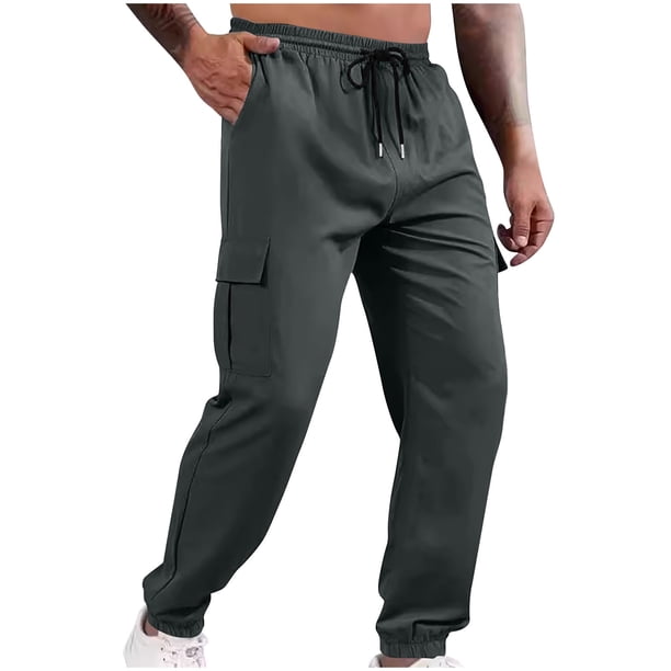 Pantalones largos para hombre, color sólido, bolsillo, cintura elástica, cordón ajustable, pantalones casuales de poliéster para hombre
