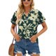 thumbnail image 1 of Camisa de gasa con cuello en V y estampado floral de verano, holgada, de manga corta, verde, para mujer, 1 of 6