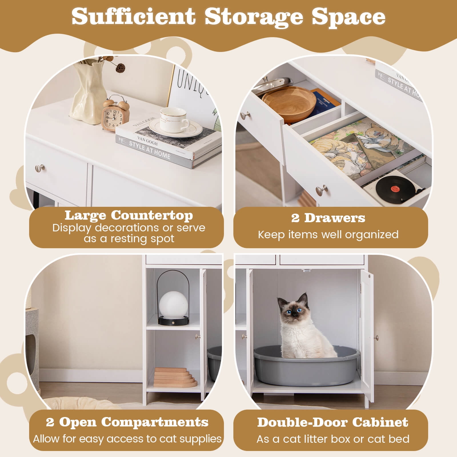 Costway Cat Litter Box Enclosure with 2 Drawers Double Doors Open Shelves Modern Indoor