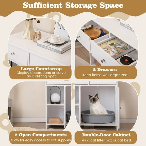 Costway Cat Litter Box Enclosure with 2 Drawers Double Doors Open